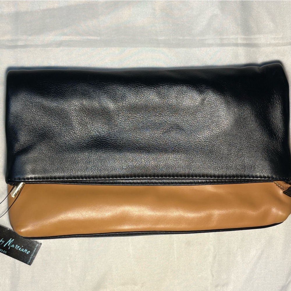 Guess by Marciano Two-Tone Leather Clutch Bag Black Tan Zip Pouch